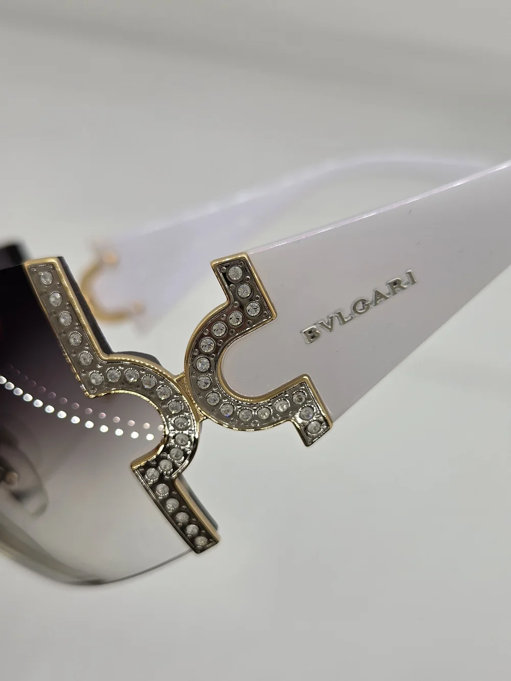 Bvlgari White and Gold, Swarvoski Crystal-Embellished Shield Sunglasses, Vintage
